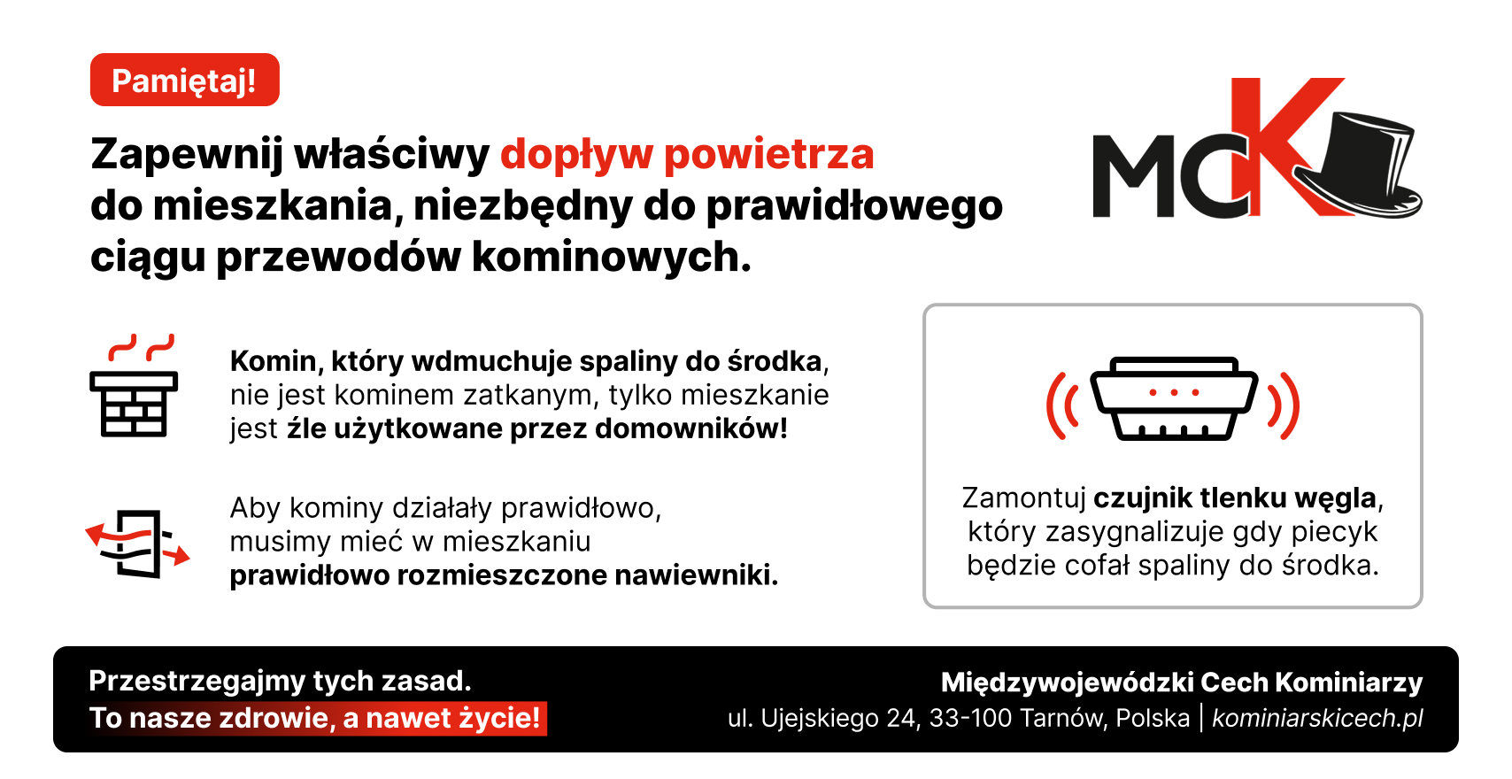 Grafika informacyjna Międzywojewódzkiego Cechu Kominiarzy. Tekst alternatywny zawarty w treści aktualności.